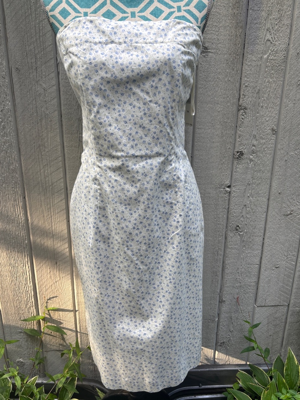Strapless White Dress with Blue Floral Print